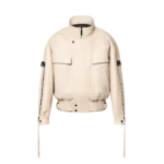 Grain leather biker jacket with zipper closures.