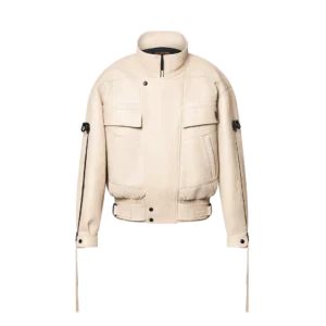 Grain leather biker jacket with zipper closures.