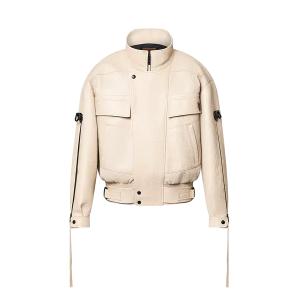 Grain leather biker jacket with zipper closures.