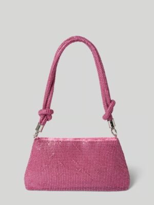 Textured pattern handbag with pink shoulder strap
